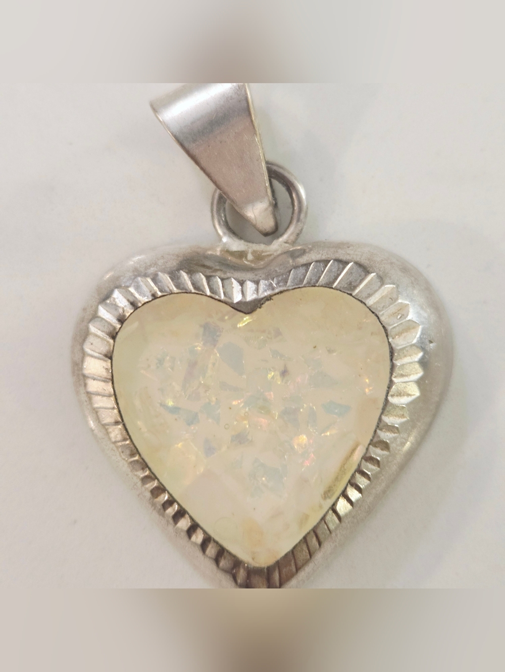 Vintage Mexican Sterling Silver 925 Heart Pendant Crushed White Opal Inlay 11gr